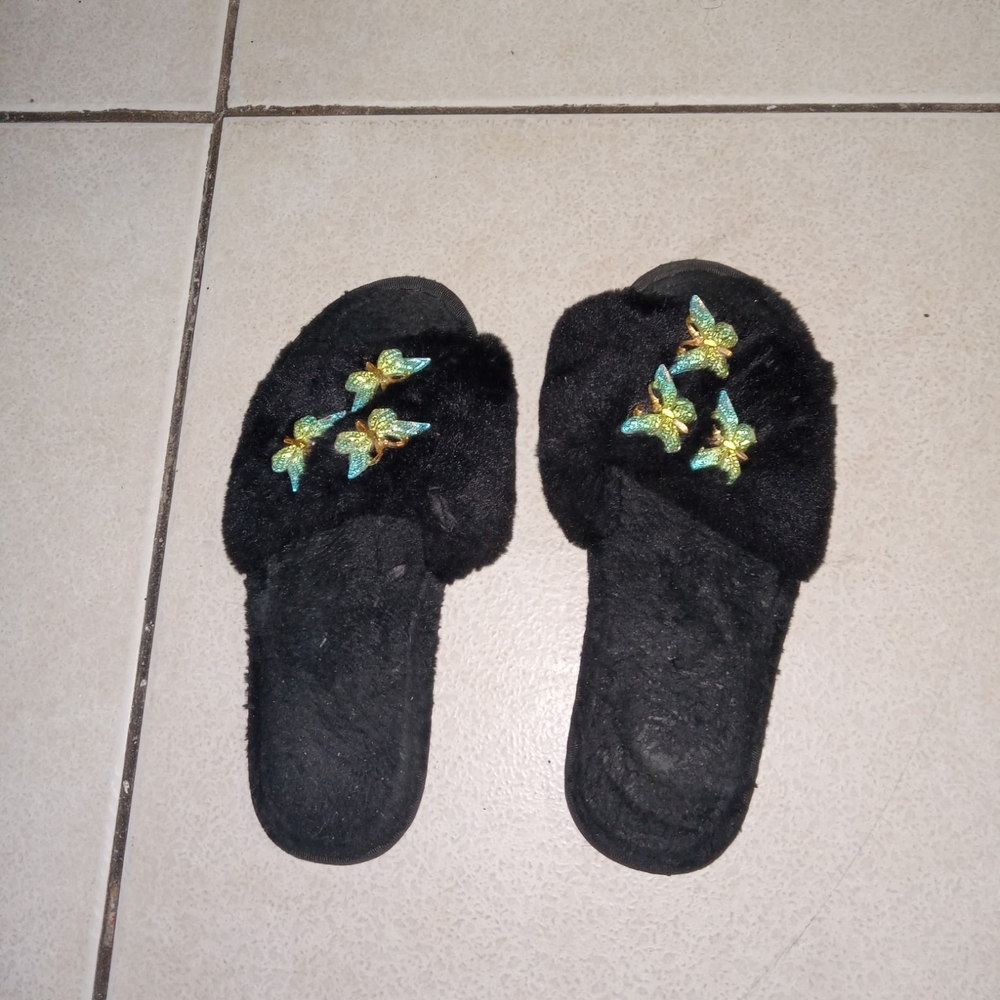 Black Furry Women's Slippers with Embellishments